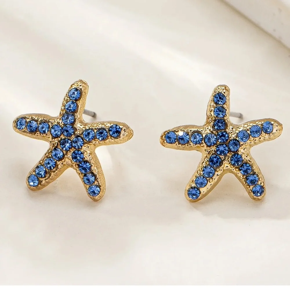 Boutique Blue Crystal Starfish Stud Earrings | Gold Coastal Beach Jewelry